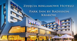 Fotografia reklamowa hoteli Kraków. Hotel Park inn by Radisson. Zdjęcie z zewnątrz wykonane przy zachodzie słońca. Wdiok na hotel od strony Centrum kongresowego ICE.