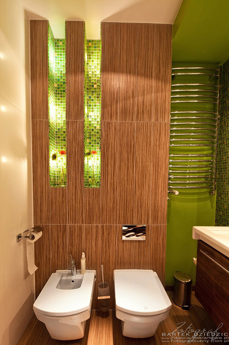 Fotografia reklamowa Kraków, katowice, warszawa. Zdjęcia wnętrz łazienki w kolorach zielonym i brązowym. Piękna łazienka