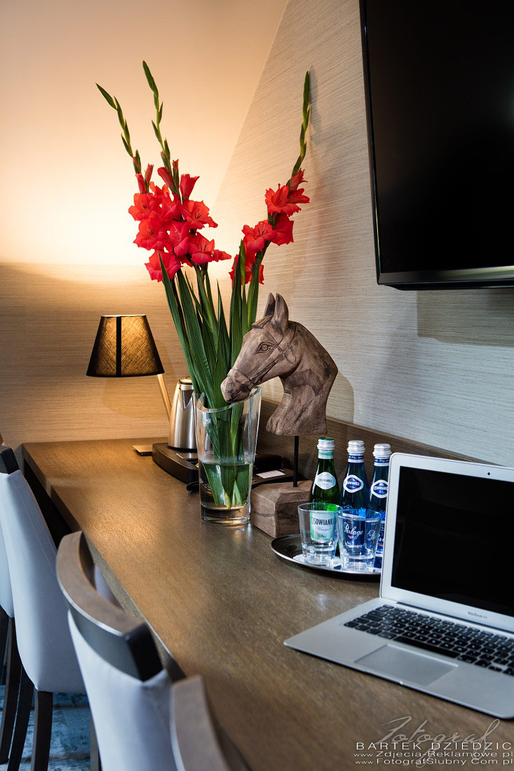 Zdjęcia reklamowe. Na zdjęciu biurko z laptopem, wodą, rzezbą konia, kwiatami w wazonie.